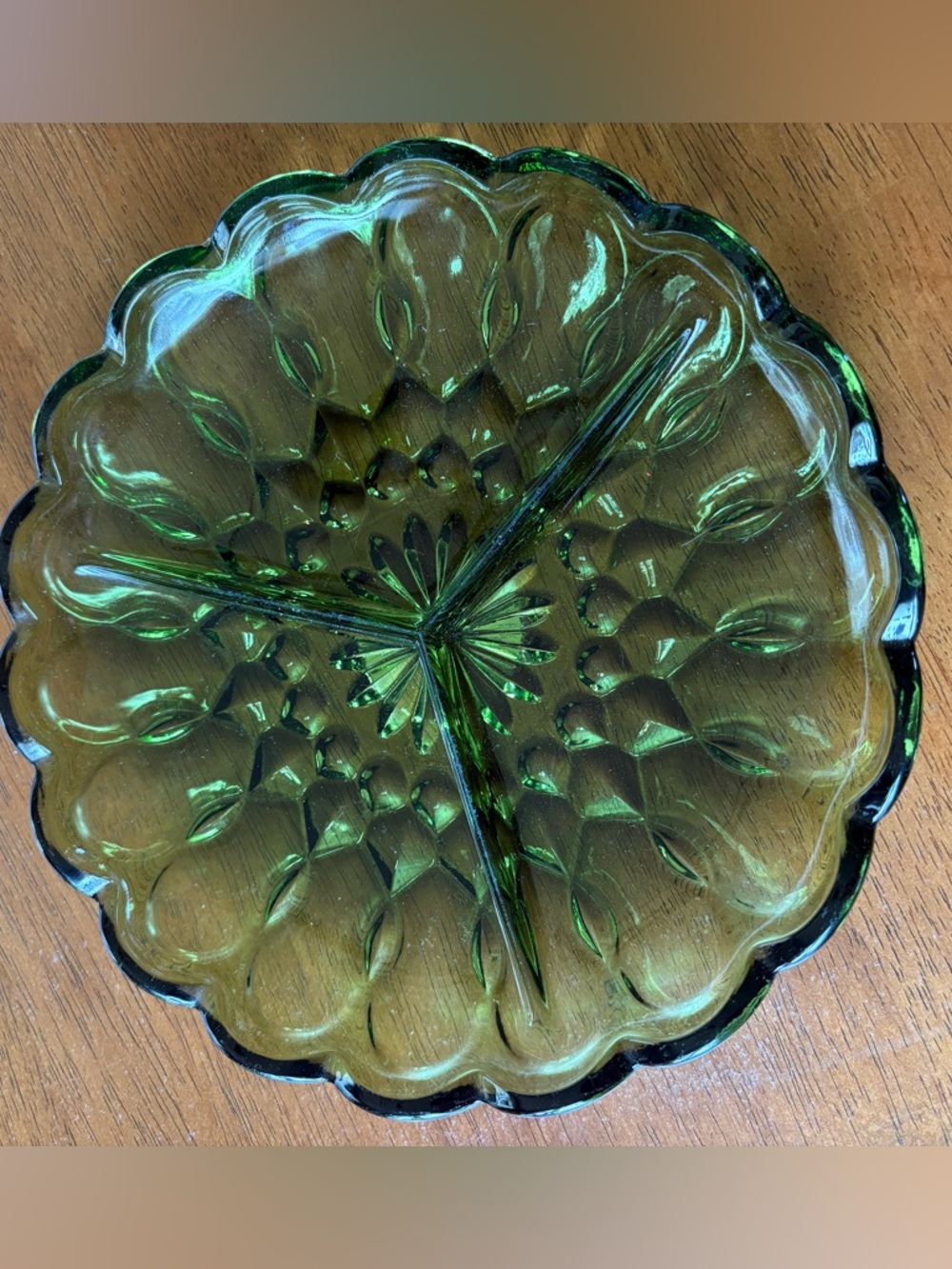 Vintage Anchor Hocking Fairfield Divided Glass Plate – Avocado Green – 9”